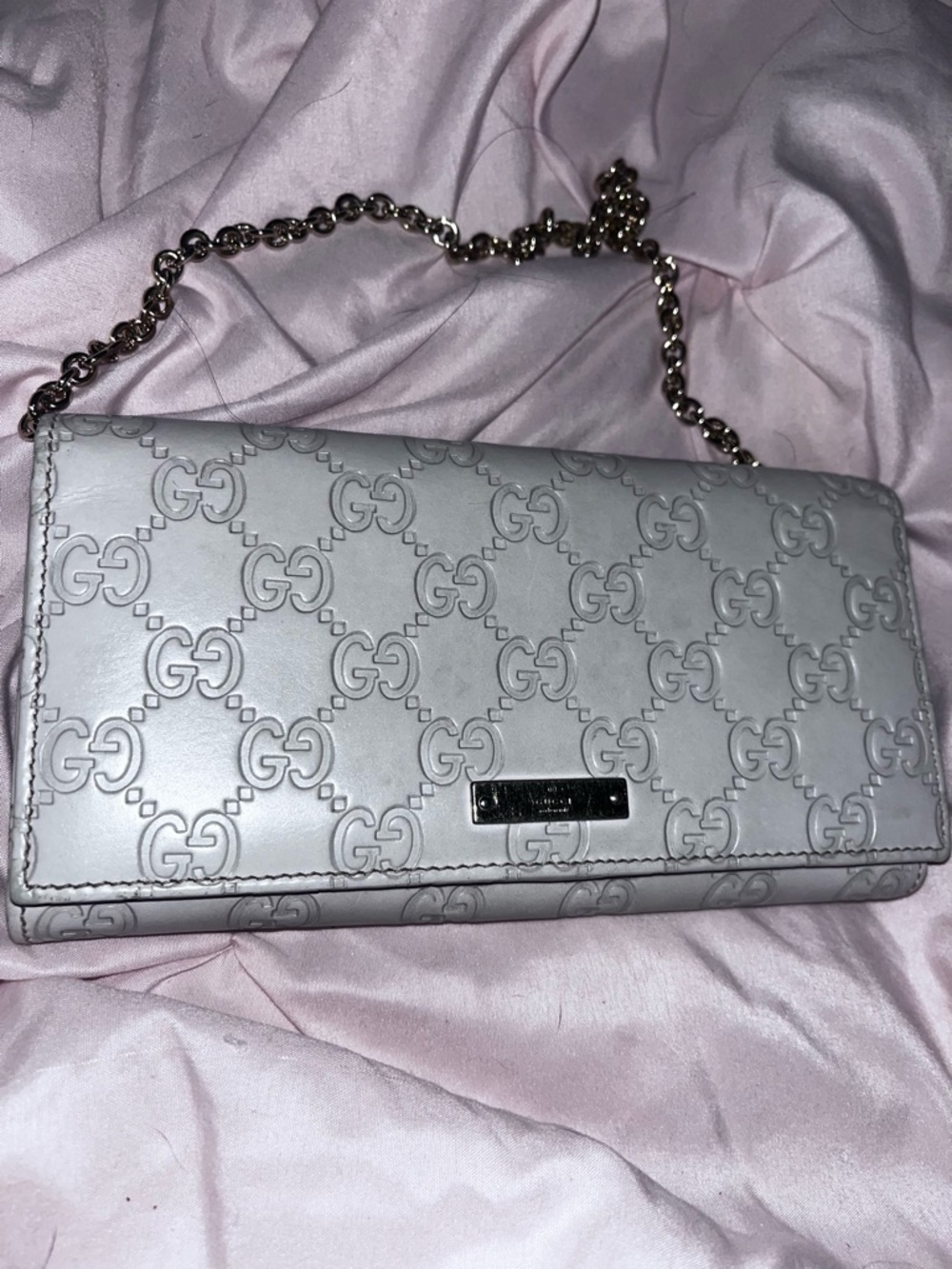 Gucci Authentic Leather Embossed GG Chain Wallet/ Pouchette